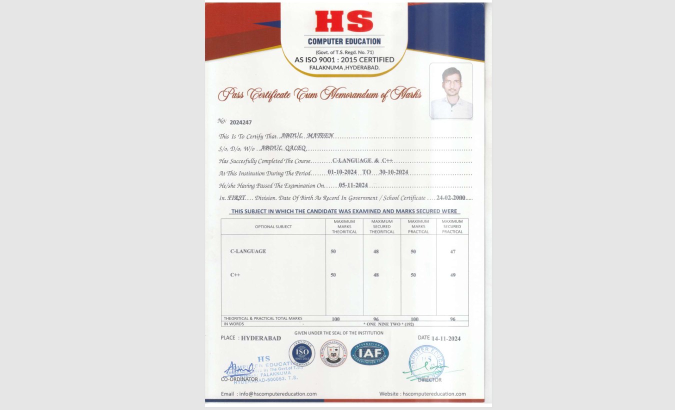 Certificate in C and C++ Programming