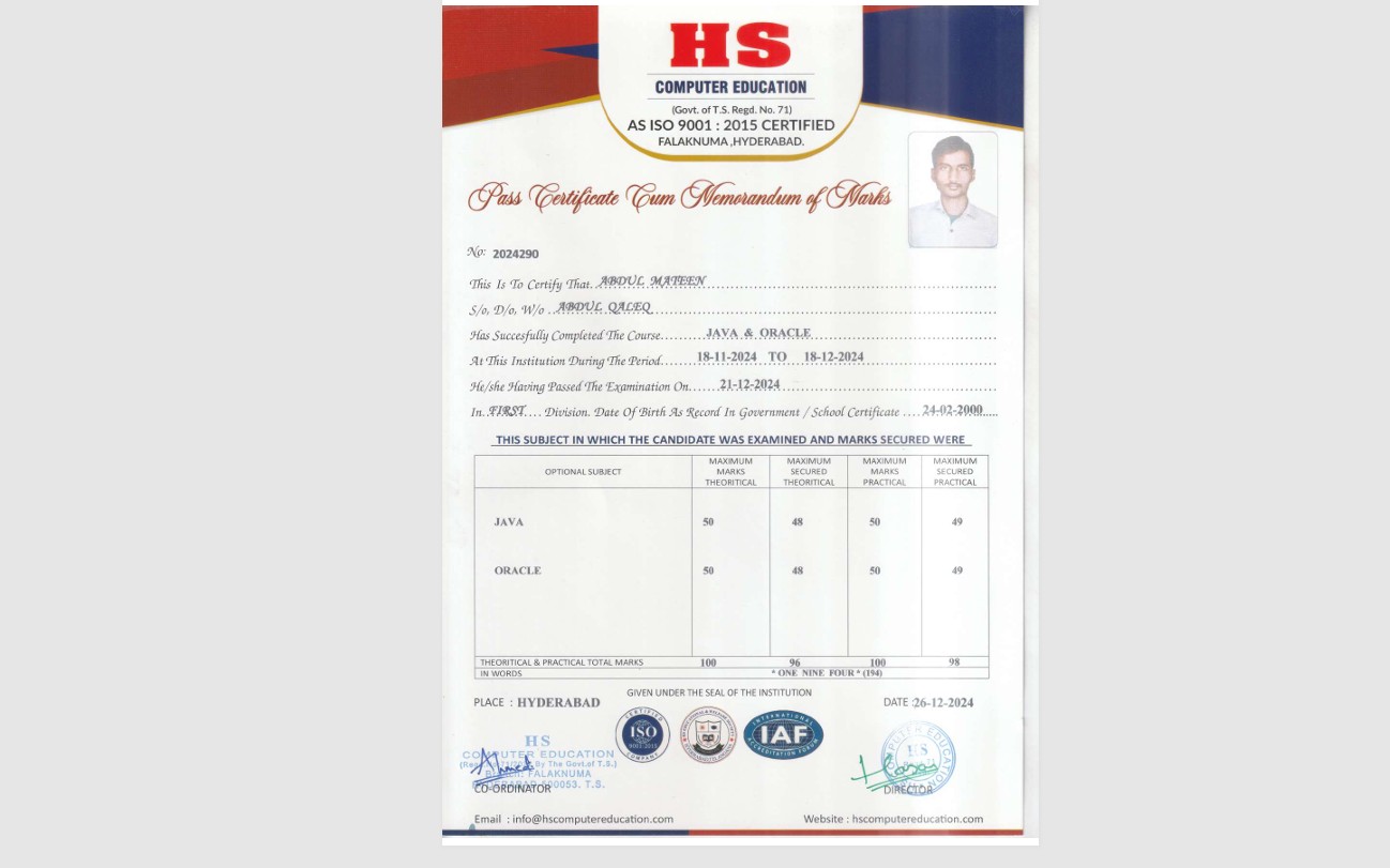 Certificate in Java and Oracle Programming